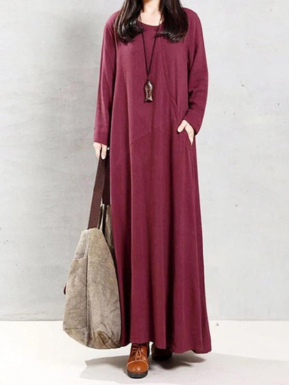 Modern O Neck Patchwork Linen Cotton Spring Robes Runway Burgundy Dress