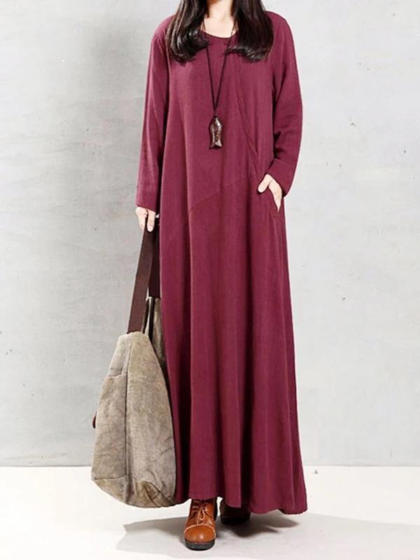 Modern O Neck Patchwork Linen Cotton Spring Robes Runway Burgundy Dress