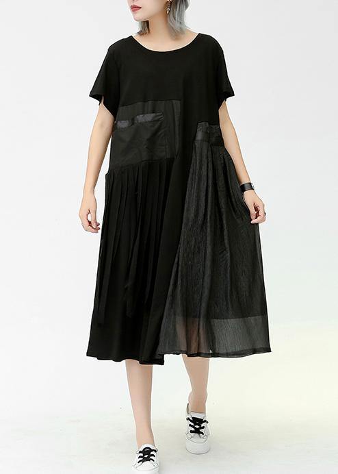 Modern O Neck Patchwork Pockets Cotton Dresses Black Dresses Summer