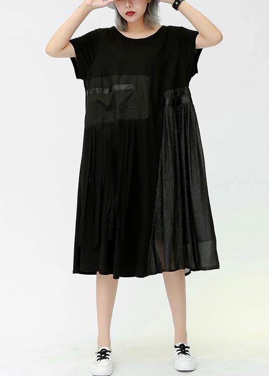 Modern O Neck Patchwork Pockets Cotton Dresses Black Dresses Summer