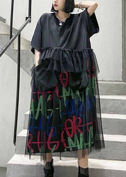 Modern O Neck Patchwork Tulle Cotton Summer Tunics Inspiration Black Maxi Dress