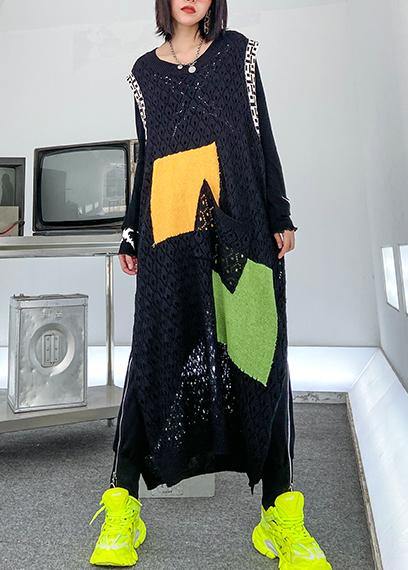 Modern O Neck Pockets Clothes Work Outfits Black Kaftan Dress