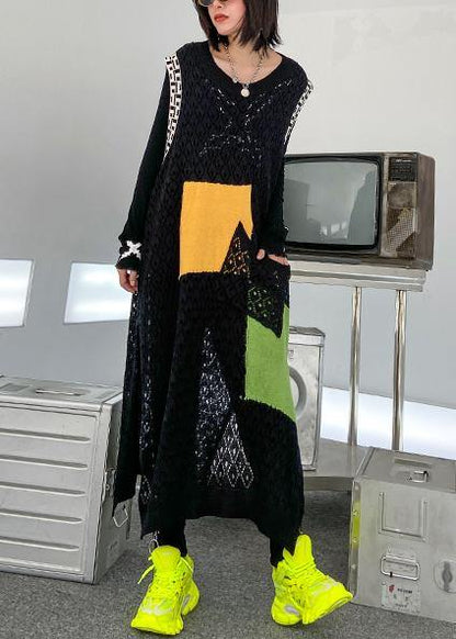 Modern O Neck Pockets Clothes Work Outfits Black Kaftan Dress