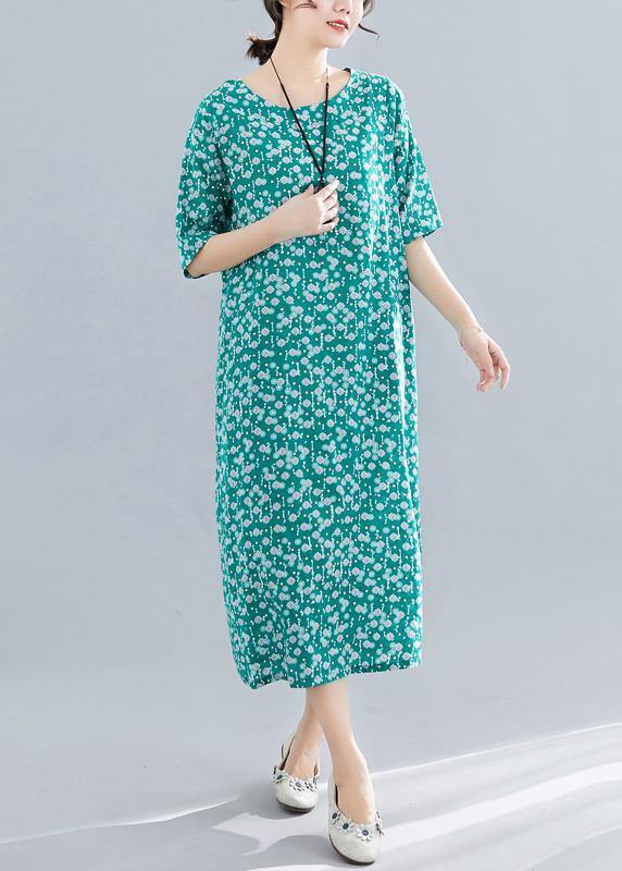 Modern O Neck Pockets Linen Cotton Clothes Runway Green Print Dress Summer