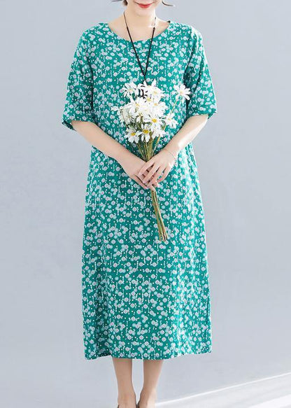 Modern O Neck Pockets Linen Cotton Clothes Runway Green Print Dress Summer