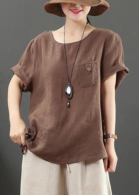 Modern O Neck Pockets Linen Summer Clothes Chocolate Blouse