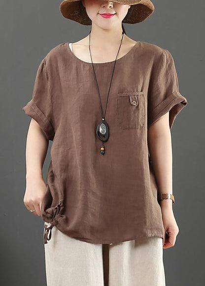 Modern O Neck Pockets Linen Summer Clothes Chocolate Blouse