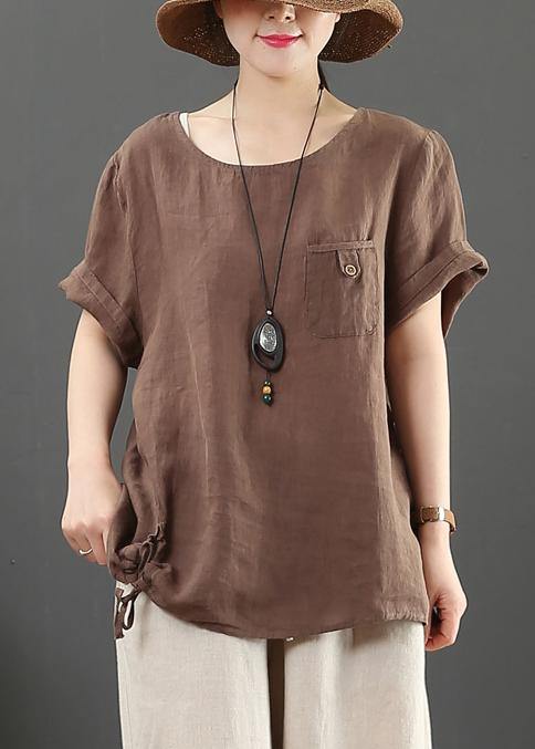 Modern O Neck Pockets Linen Summer Clothes Chocolate Blouse