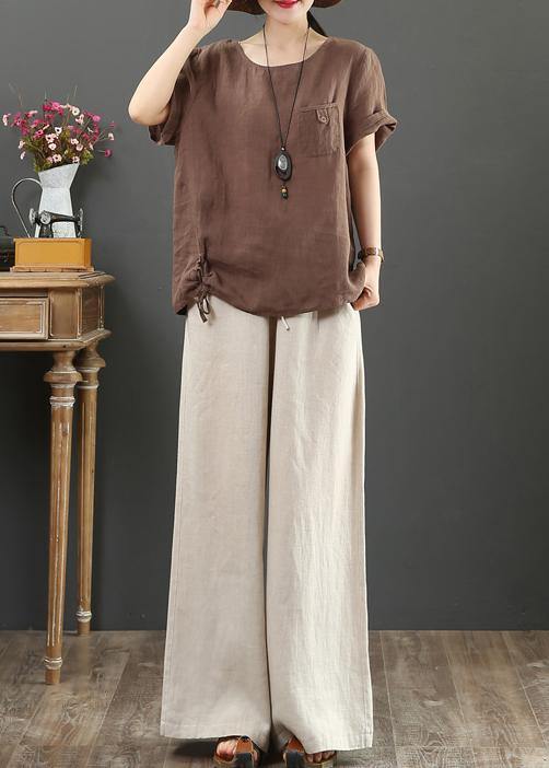 Modern O Neck Pockets Linen Summer Clothes Chocolate Blouse