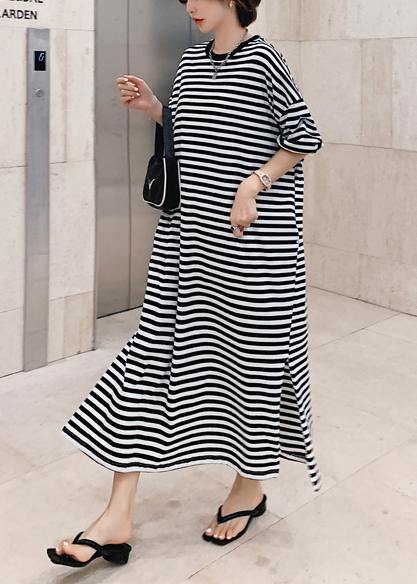 Modern O Neck Side Open Design Black Striped Loose Dresses