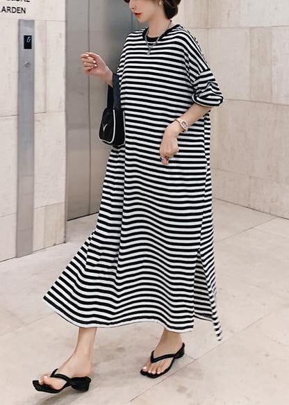 Modern O Neck Side Open Design Black Striped Loose Dresses