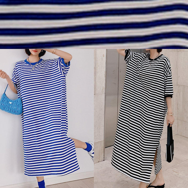 Modern O Neck Side Open Design Black Striped Loose Dresses