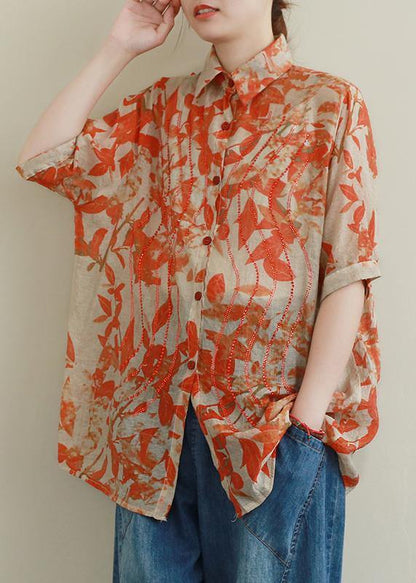 Modern Orange Leaf Print Shirts Lapel Diamond Silhouette Shirt
