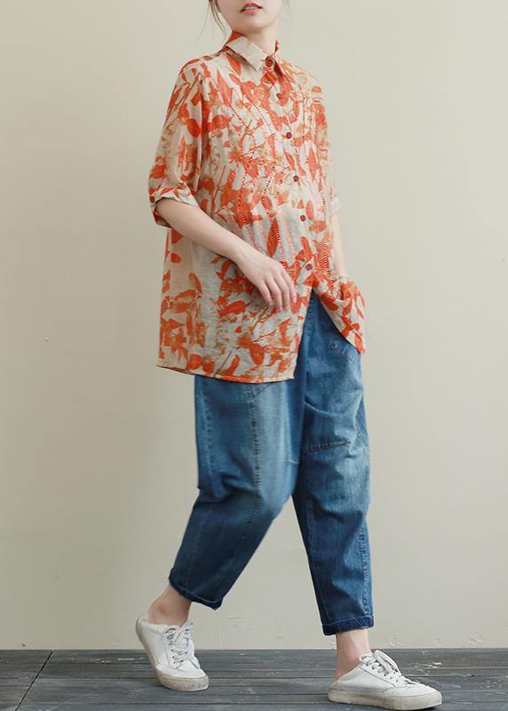 Modern Orange Leaf Print Shirts Lapel Diamond Silhouette Shirt