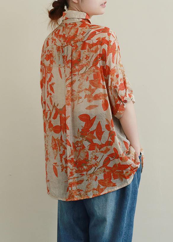 Modern Orange Leaf Print Shirts Lapel Diamond Silhouette Shirt