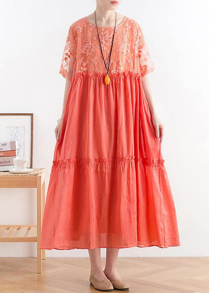 Modern Orange Cotton Tunic Organza Patchwork O Neck Long Summer Dresses