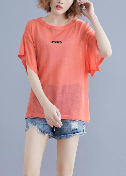 Modern Orange Cotton Clothes for Alphabet Embroidery Baggy Summer Blouse