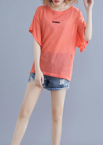 Modern Orange Cotton Clothes for Alphabet Embroidery Baggy Summer Blouse