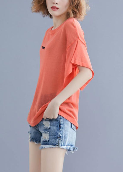 Modern Orange Cotton Clothes for Alphabet Embroidery Baggy Summer Blouse