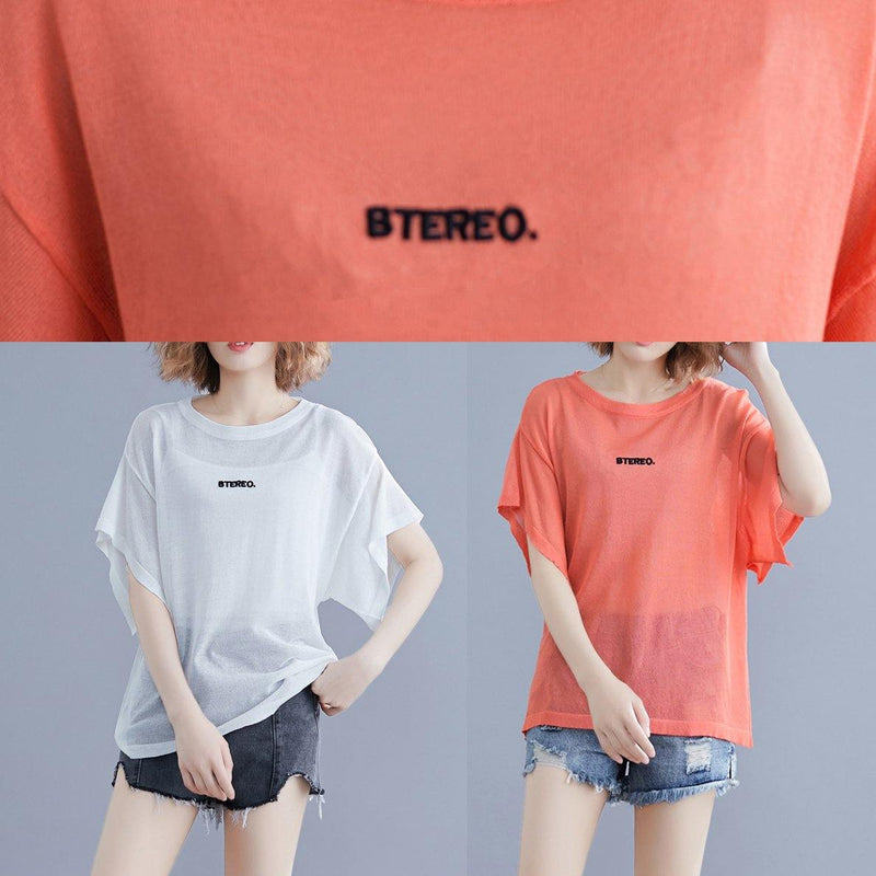 Modern Orange Cotton Clothes for Alphabet Embroidery Baggy Summer Blouse