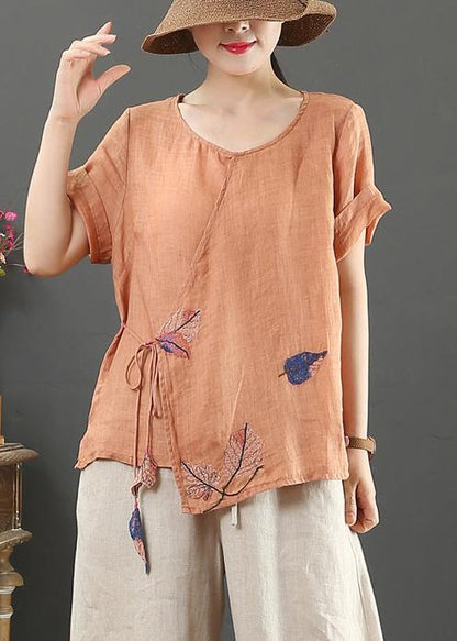 Modern Orange Print Linen Blouse O Neck Short Sleeve Loose Shirt