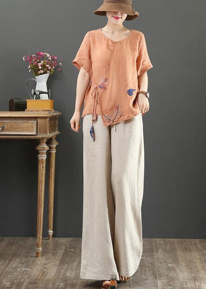 Modern Orange Print Linen Blouse O Neck Short Sleeve Loose Shirt