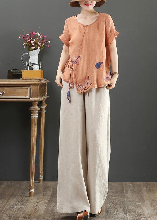 Modern Orange Print Linen Blouse O Neck Short Sleeve Loose Shirt