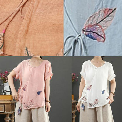 Modern Orange Print Linen Blouse O Neck Short Sleeve Loose Shirt