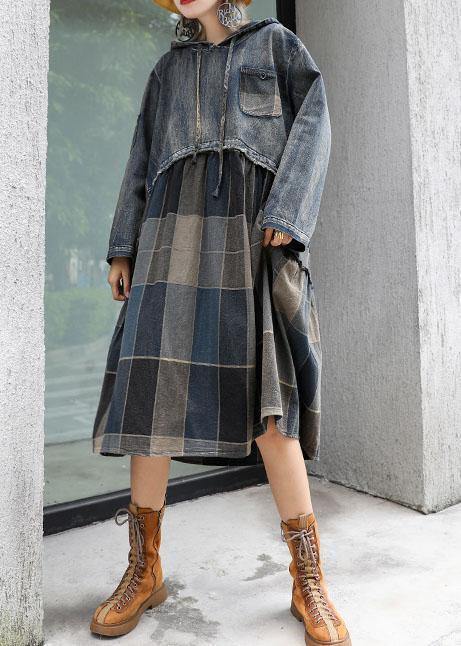 Modern Patchwork Linen Cotton Clothes for Hooded Robe Fall Dress