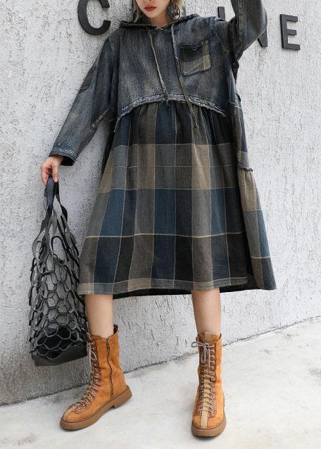 Modern Patchwork Linen Cotton Clothes for Hooded Robe Fall Dress