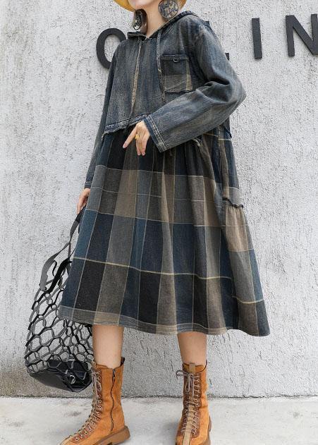 Modern Patchwork Linen Cotton Clothes for Hooded Robe Fall Dress