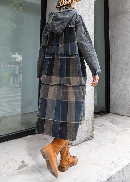 Modern Patchwork Linen Cotton Clothes for Hooded Robe Fall Dress