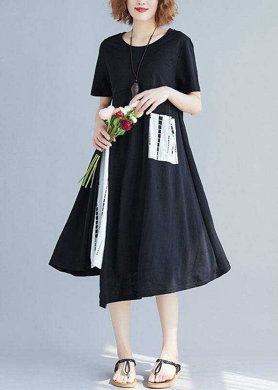 Modern Patchwork White Prints Cotton Tunics Asymmetric Hem Short Summer Dress