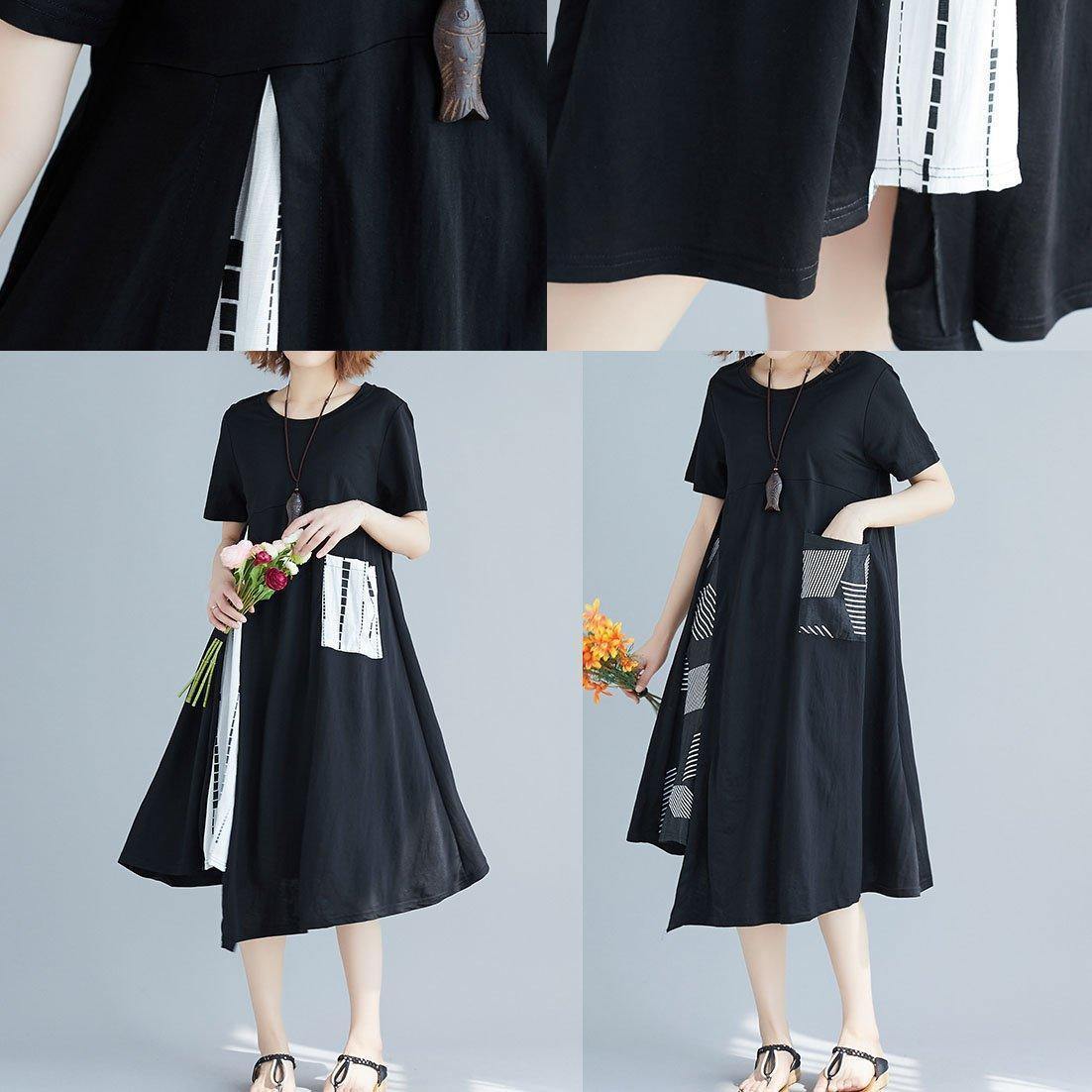 Modern Patchwork White Prints Cotton Tunics Asymmetric Hem Short Summer Dress