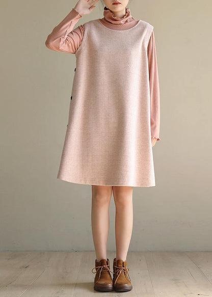 Modern Pink Cotton Dresses False Two Pieces Robe High Neck Dresses