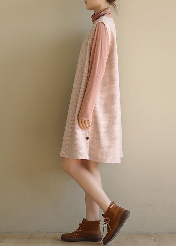 Modern Pink Cotton Dresses False Two Pieces Robe High Neck Dresses