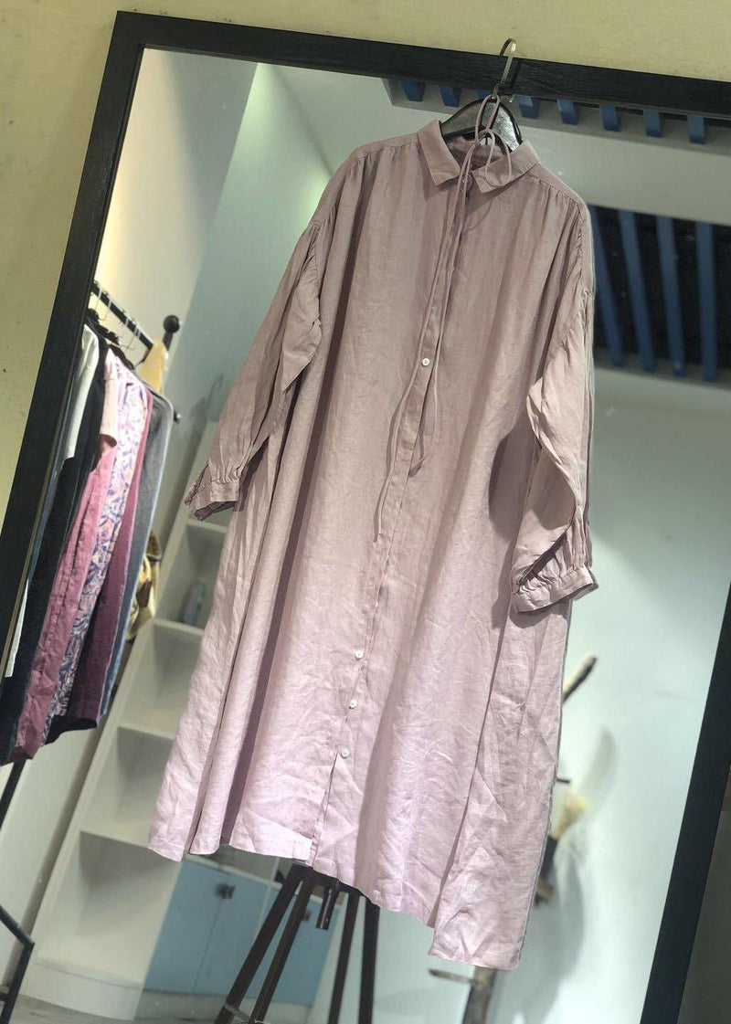 Modern Pink Lapel Collar Linen Dresses Long Sleeve Baggy Fall Dress