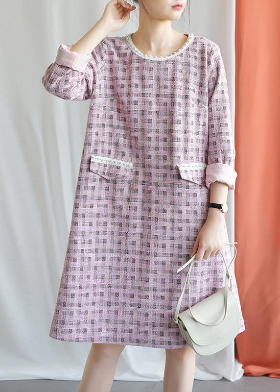Modern Plaid Blended Outfit O Neck Knee Fall Dresses