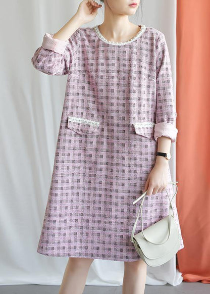 Modern Plaid Blended Outfit O Neck Knee Fall Dresses