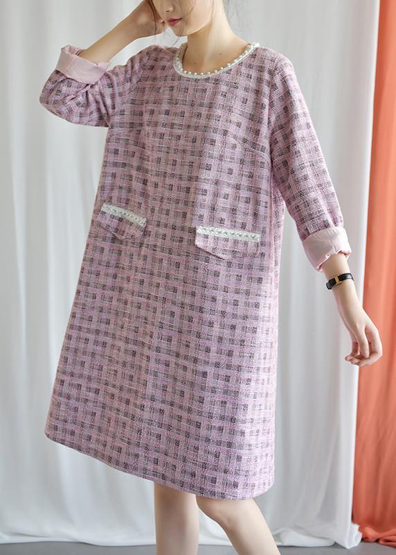 Modern Plaid Blended Outfit O Neck Knee Fall Dresses