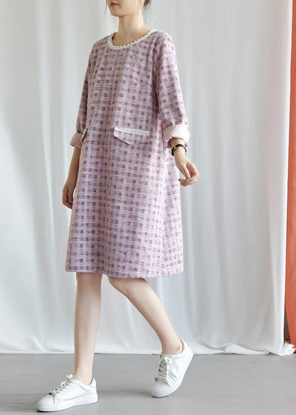 Modern Plaid Blended Outfit O Neck Knee Fall Dresses