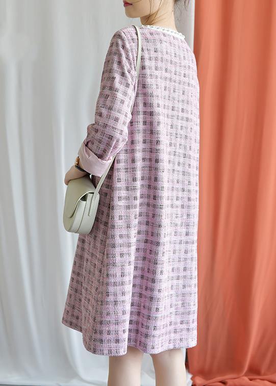 Modern Plaid Blended Outfit O Neck Knee Fall Dresses