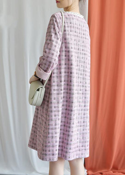 Modern Plaid Blended Outfit O Neck Knee Fall Dresses