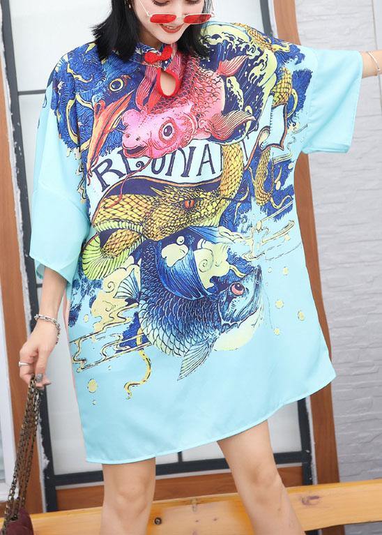 Modern Prints Cotton Clothes Sewing Blue Chinese Button Dress Summer