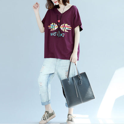 Modern Purple Red Cotton Clothes for Inspiration V Neck Batwing Sleeve Dresses Blouse