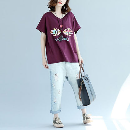 Modern Purple Red Cotton Clothes for Inspiration V Neck Batwing Sleeve Dresses Blouse