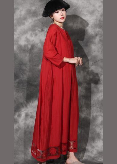 Modern Red Cotton Clothes Bracelet Sleeved Maxi Lace Hem Dresses