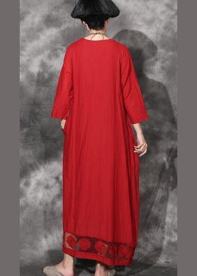 Modern Red Cotton Clothes Bracelet Sleeved Maxi Lace Hem Dresses