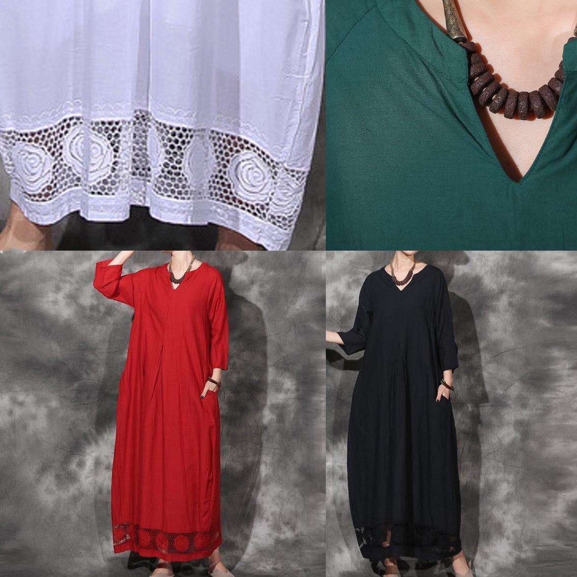 Modern Red Cotton Clothes Bracelet Sleeved Maxi Lace Hem Dresses