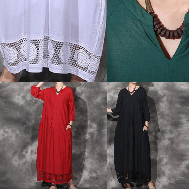 Modern Red Cotton Clothes Bracelet Sleeved Maxi Lace Hem Dresses